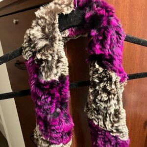 Luxurious Rabbit Fur Scarf in Purple and Gray - New, 3*14 in